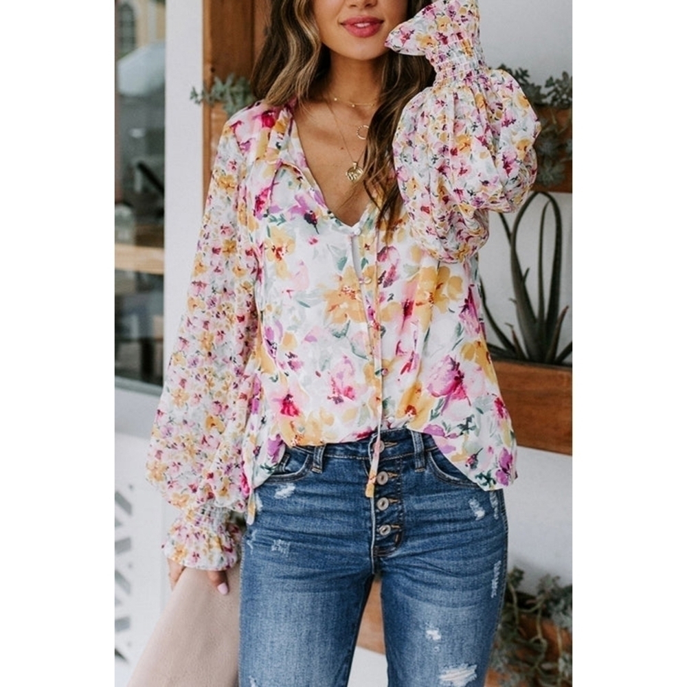 🆕 If By Sea Floral Blouse Smocked Sleeve Cuffs Size Large